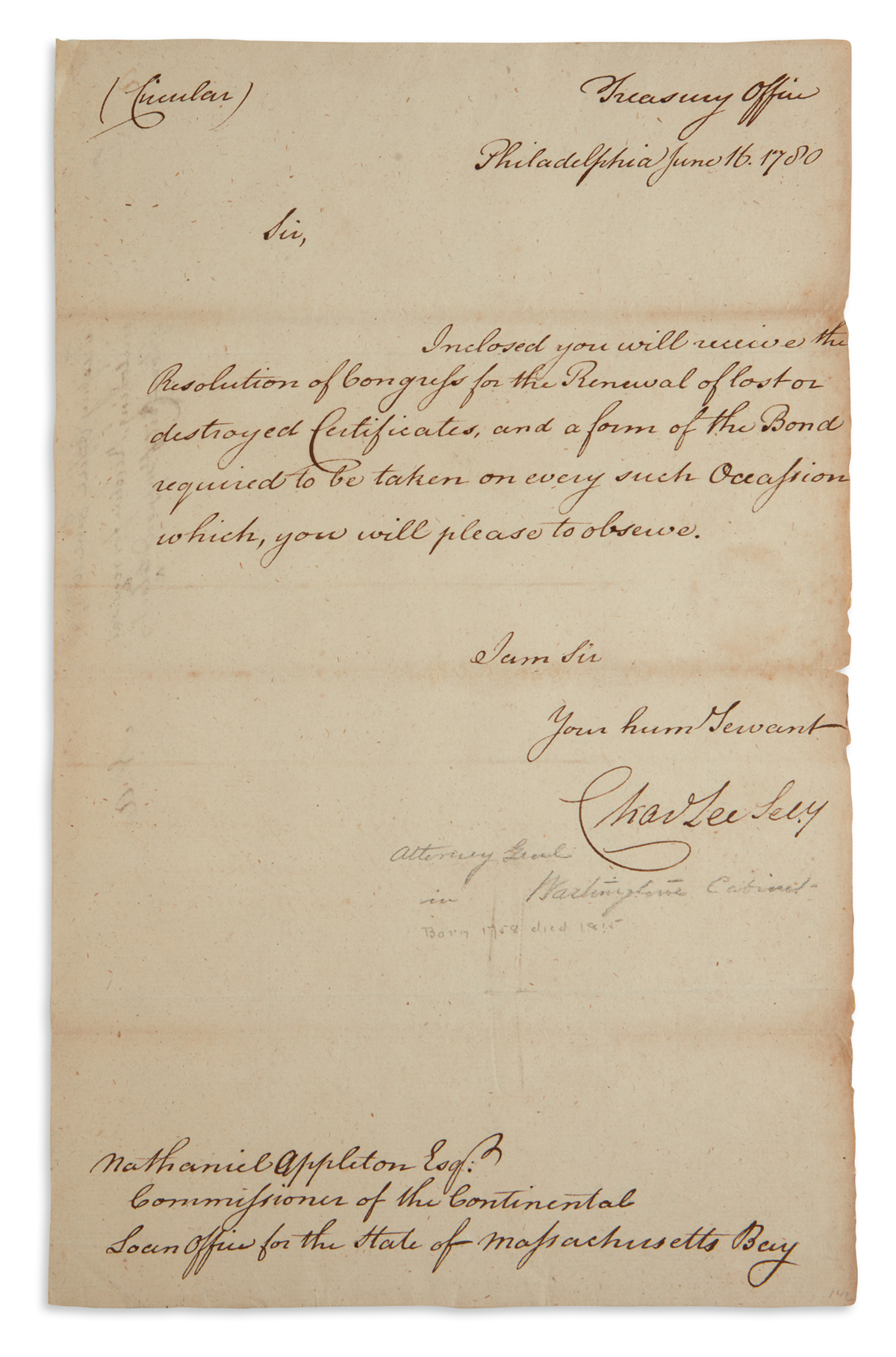 (AMERICAN REVOLUTION.) CHARLES LEE. Brief Letter Signed, as Secretary to the Board of Treasury, to Commissioner of the C...